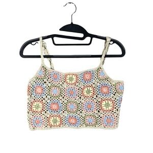 Ghanda Crochet Square Crop Top Womens S Boho Festival Beach Tan Multi Bohemian